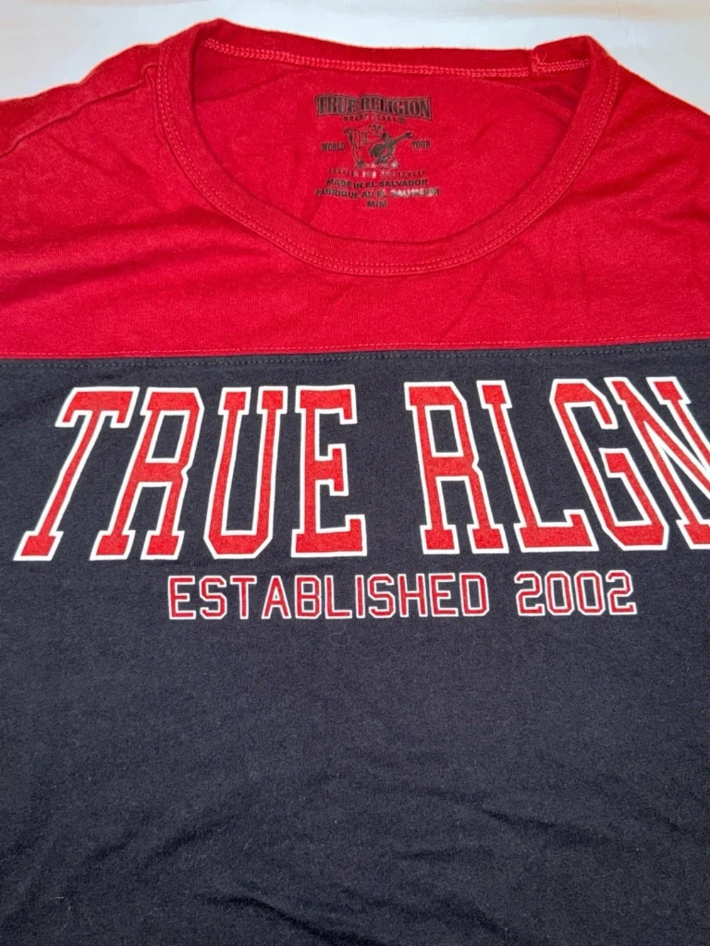 True Religion Men’s Navy and Red Chest-Logo Short Sleeve Tee